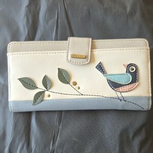 Relic Cream and Light Blue Bird Applique Clutch Wallet